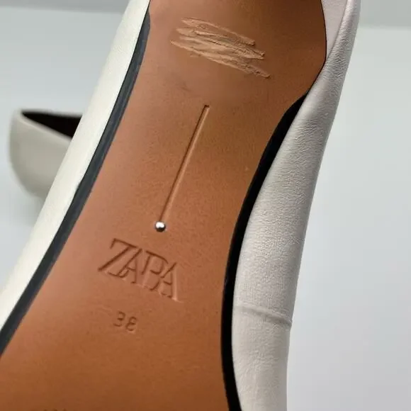 Zara Women's Metal Detail White Leather Kitten Heel Pointed Toe Shoes - Picture 9 of 11